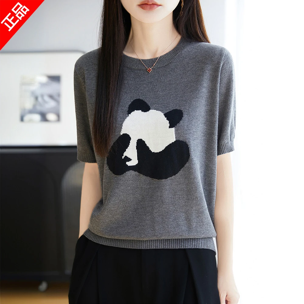 哥弟阿玛施正品2025新款夏季针织衫短袖上衣女熊猫薄款时尚百搭