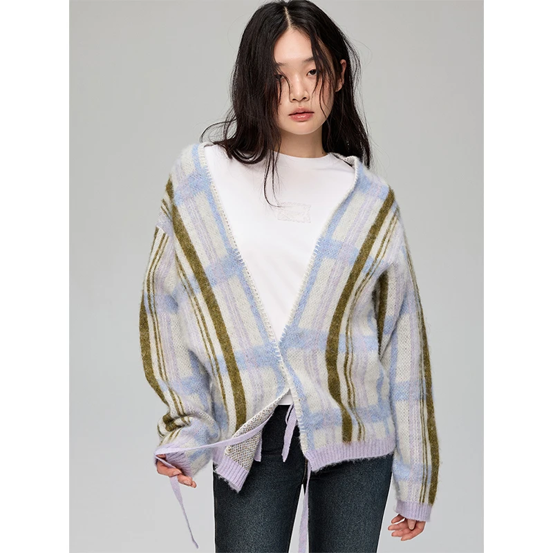 TDDP“调色盘”精致羊毛 紫格纹针织开衫毛衣外套女春季设计感