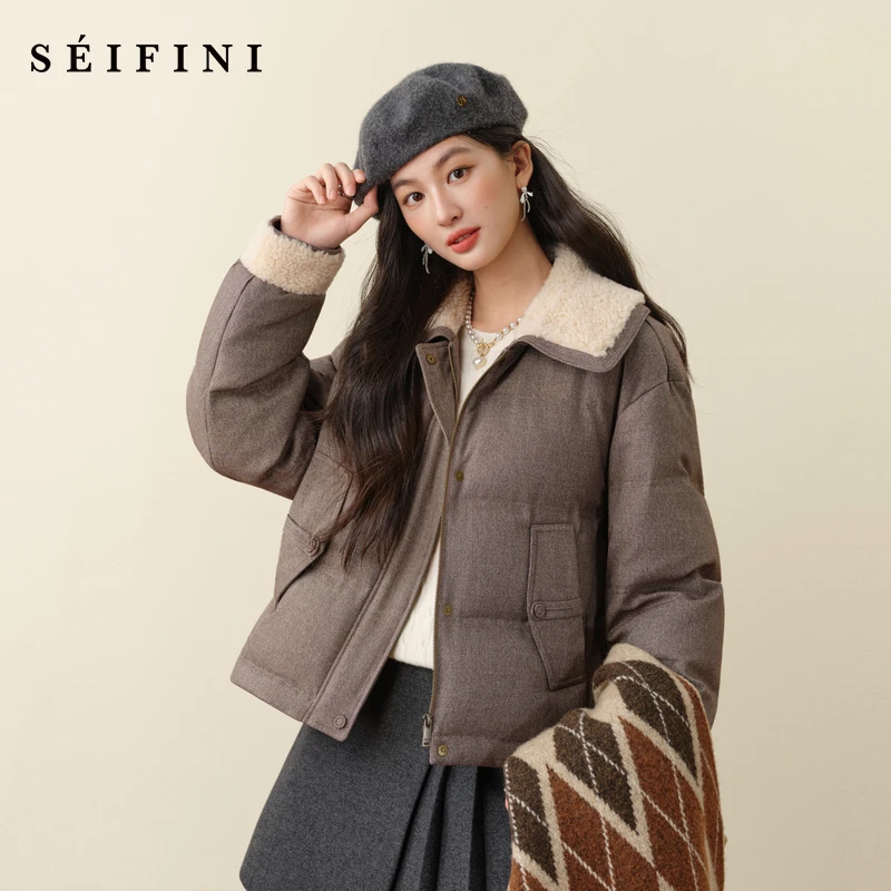 诗凡黎巴恩风羽绒服2025冬新款拼接毛领外套7GA180041