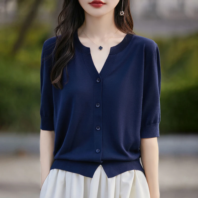 天丝半开V领短袖开衫女2025新款夏季时尚洋气宽松纯色外套