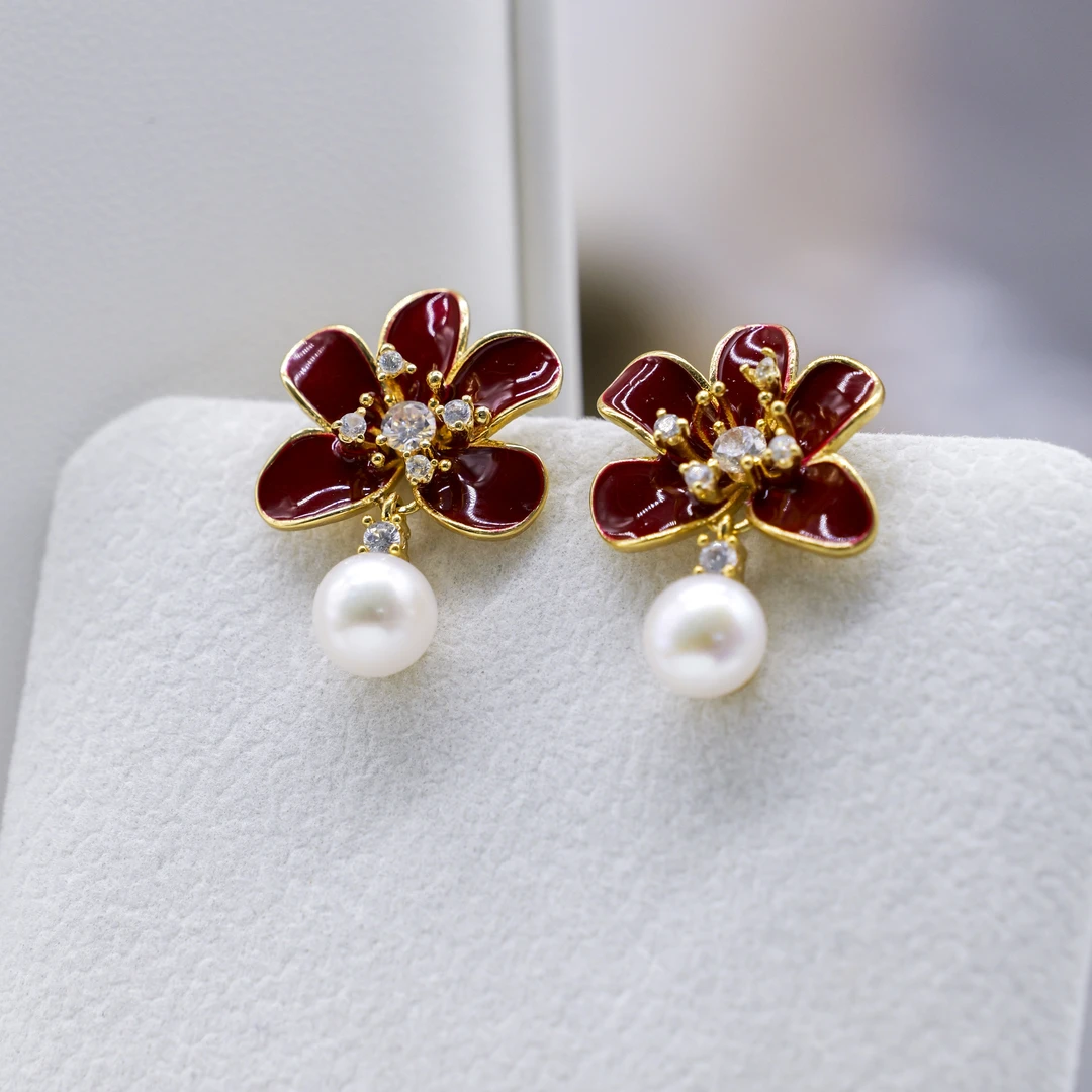 天然淡水无核珍珠6-7mm时尚百搭新年限定红色气质耳饰s925银针