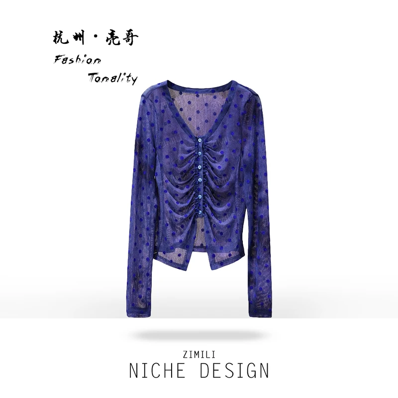 【亮哥女装】2025欧版新品蓝灰色植绒波点印花高弹打底上衣9308-A6