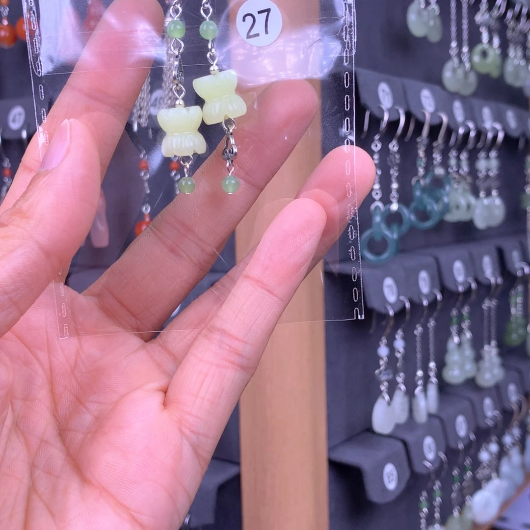 和田玉耳饰银S925镶嵌燕*木