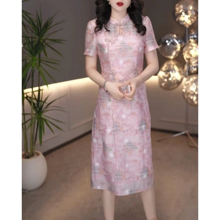 中年妈妈夏装连衣裙气质贵夫人改良旗袍裙中老年女士夏季水墨画裙