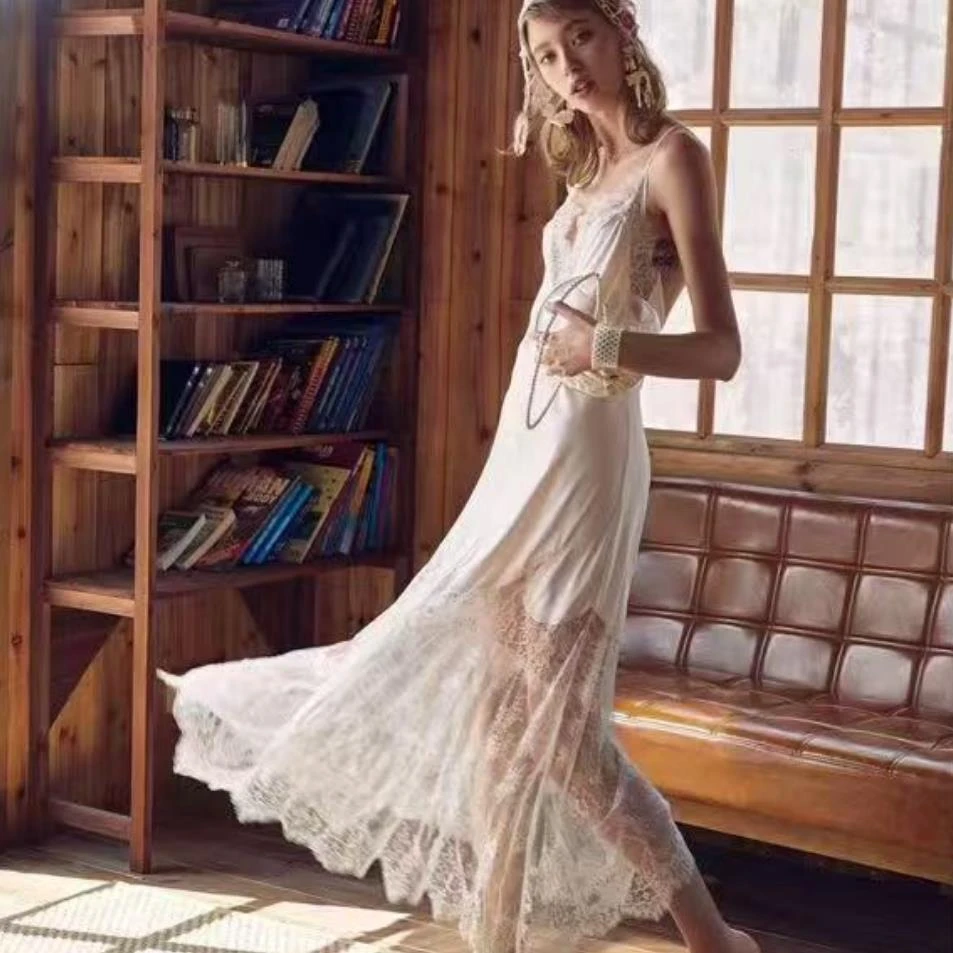 法式复古高定蕾丝月光缎面性感吊带睡裙1520#