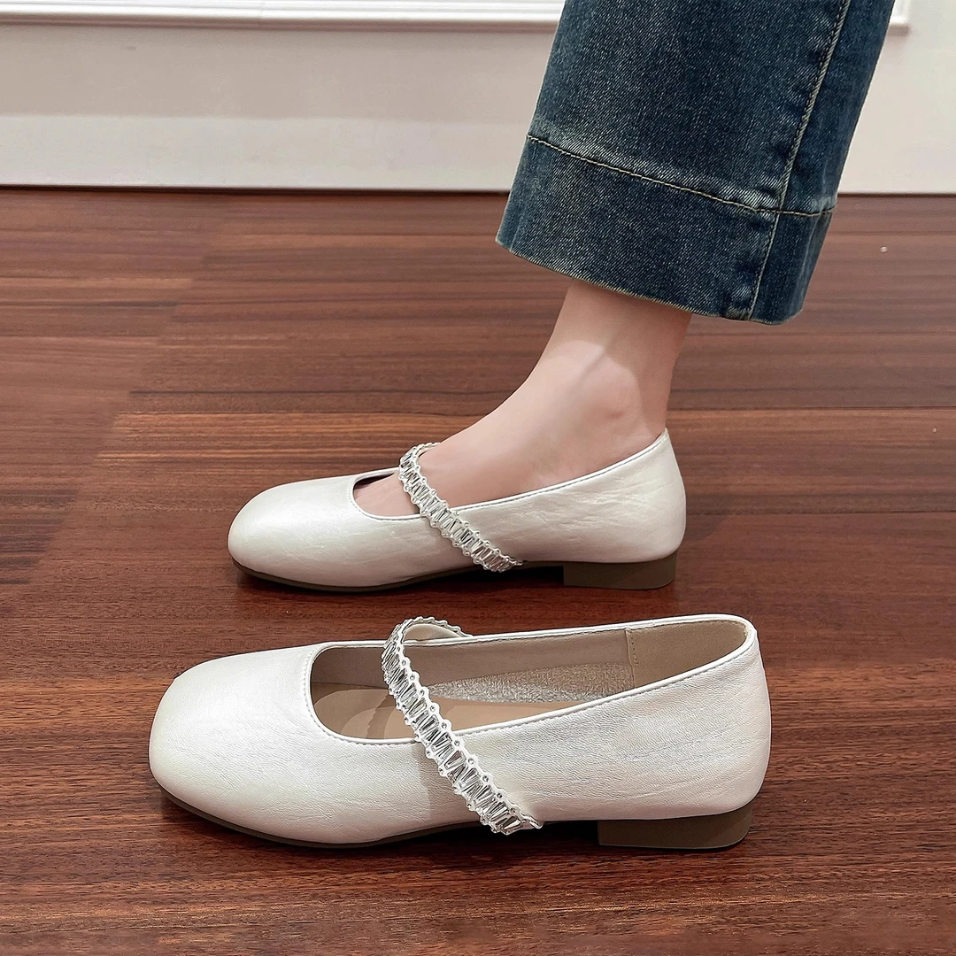 一字带水钻法式玛丽珍鞋女2025新款夏季配裙子晚晚鞋平底浅口单鞋