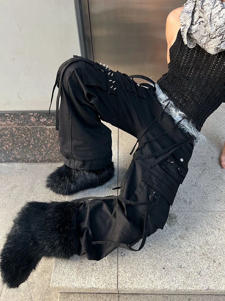 IHF“异闻女神录”2025春柳钉飘带亚文化辣妹口袋日系阔腿工装裤