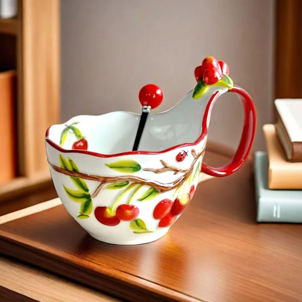 浮雕樱桃陶瓷曲把杯手绘釉下彩家用办公早餐水杯杯
