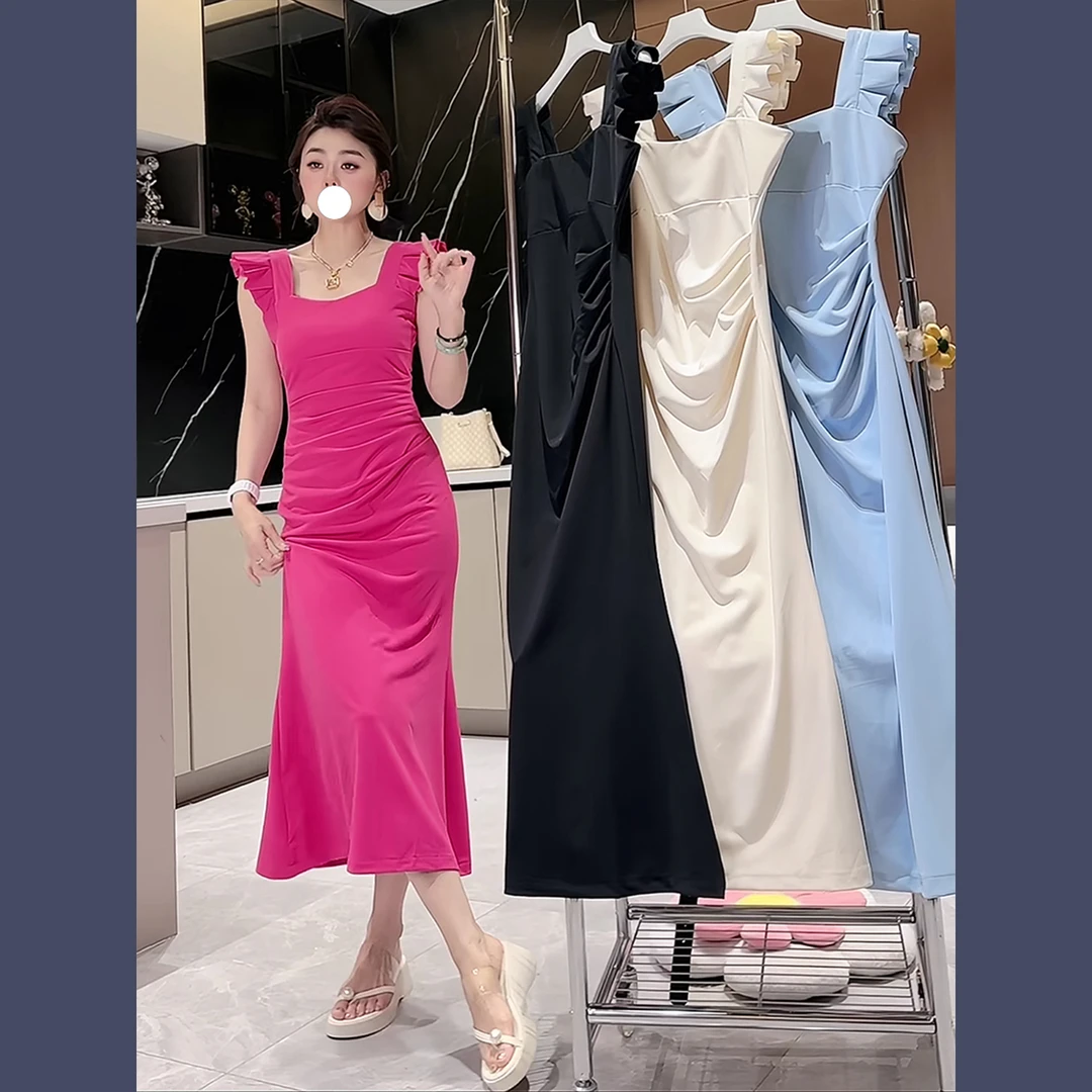 方领荷叶边百褶包臀连衣裙夏季2025新款轻奢高级感收腰显瘦裙子