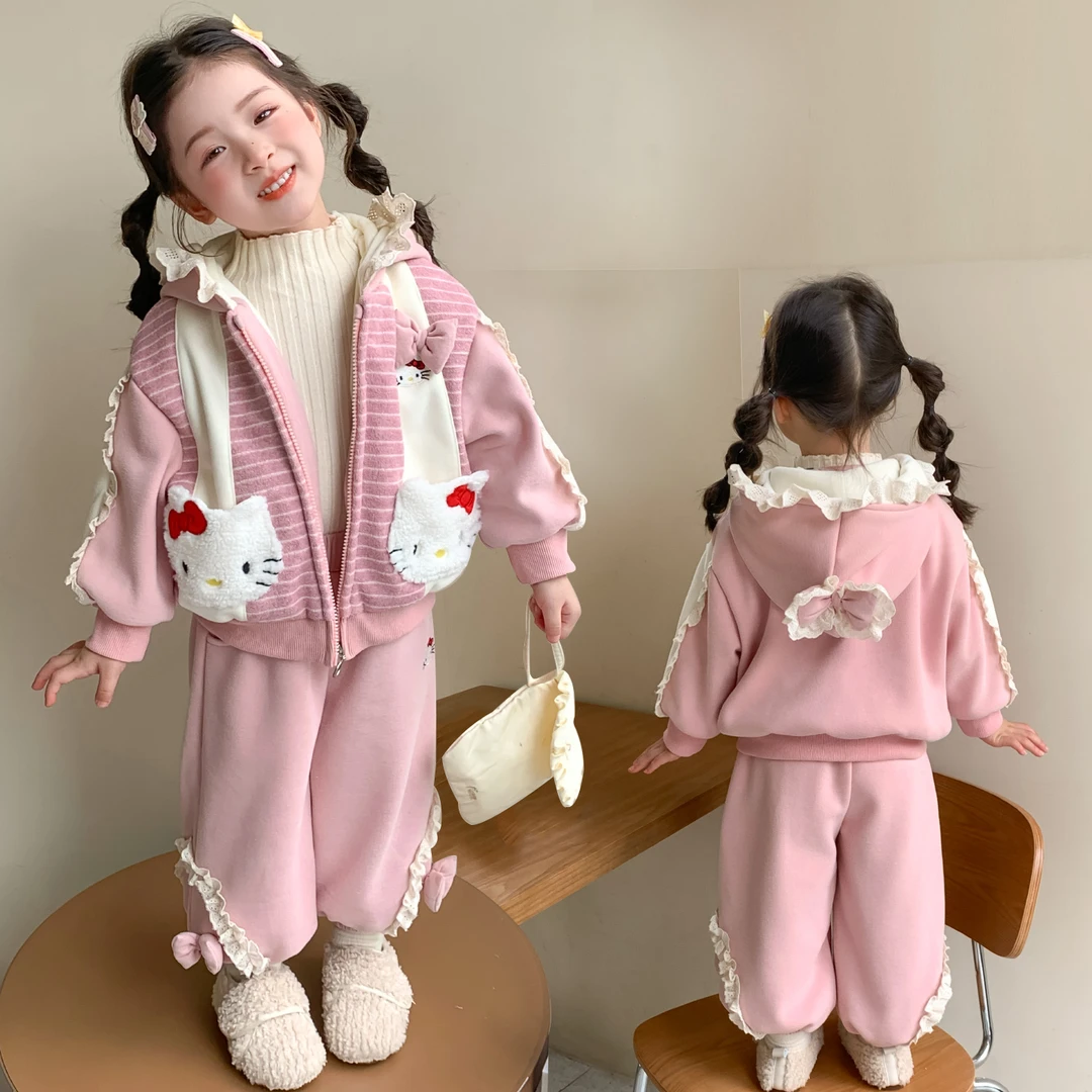 女童加绒套装2025秋冬款小女孩休闲卡通卫衣宝宝连帽运动裤两件套