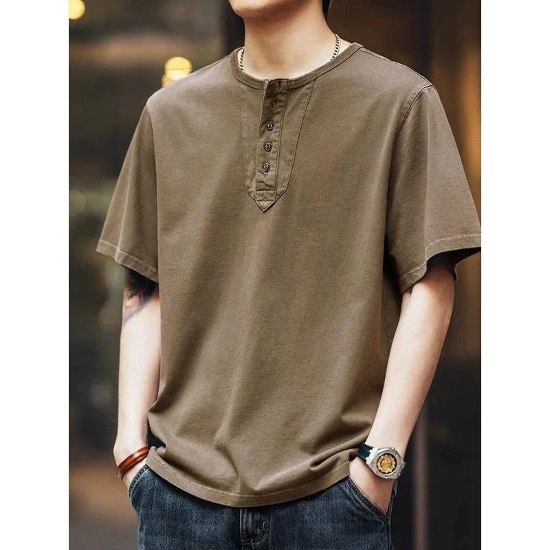 ins潮牌美式复古男夏季大码300斤硬汉亨利领短袖t恤宽松休闲上衣