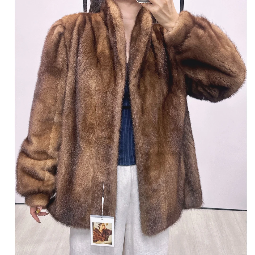 H136,M,金棕色可立可翻领泡泡肩收口袖水貂外套