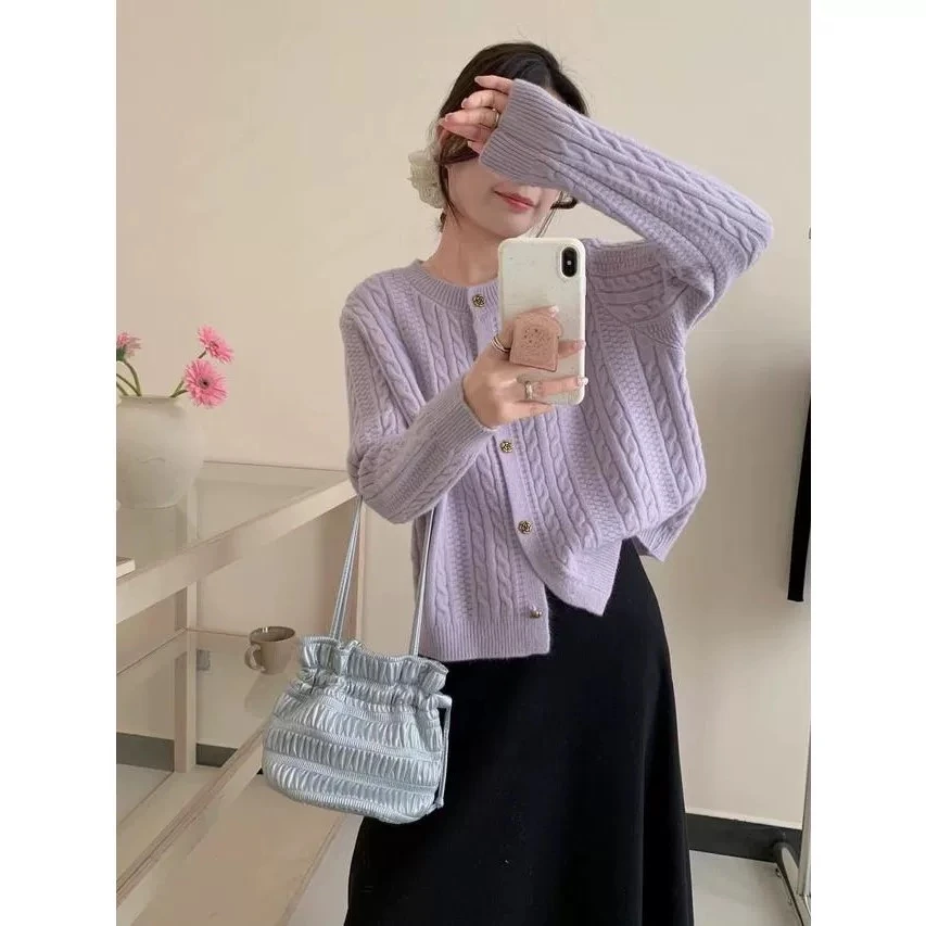 1016韩系复古针织开衫女新款甜美文艺休闲麻花纯色圆领长袖上衣