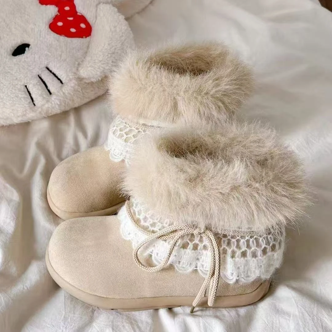 复古厚底保暖花边雪地靴女2025冬季新款百搭短筒加绒毛毛大棉鞋子