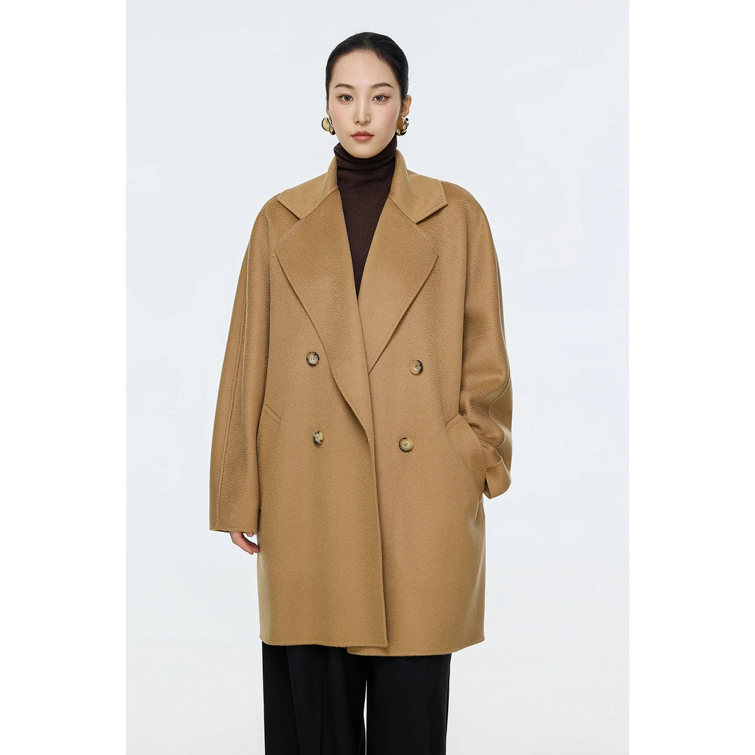 【CRANE】M家同款女装大翻领纯山羊绒双排扣廓型短款秋冬大衣