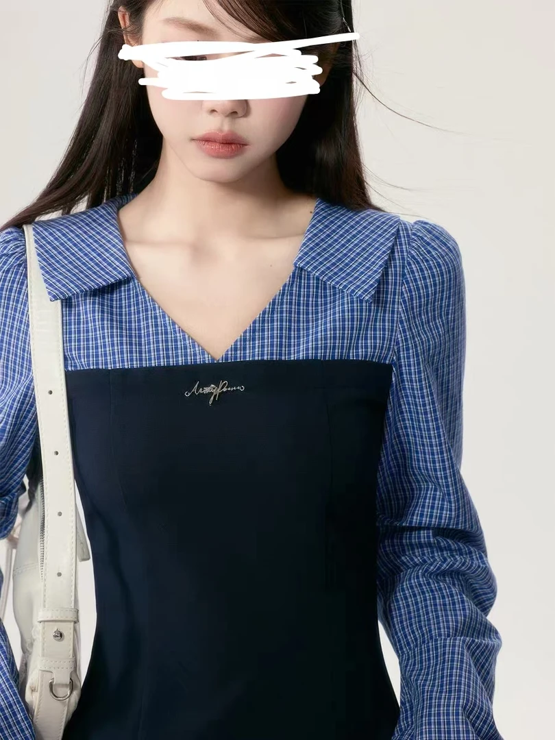 萌萌【韩版别致】假两件长袖女韩版气质收腰显瘦格子拼接长裙6305