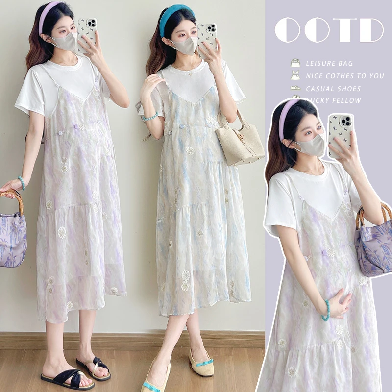 2025新款夏季孕妇装时尚宽松版花朵刺绣假两件长款短袖孕妇连衣裙