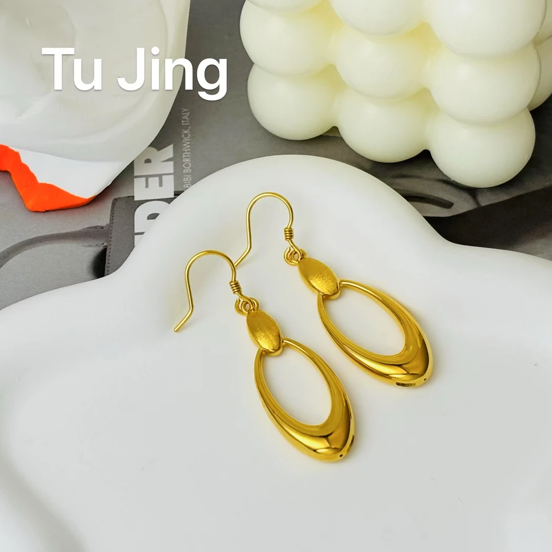 徒金足金999复古椭圆水滴耳钩欧美简约气质长款5D无氰精工耳饰