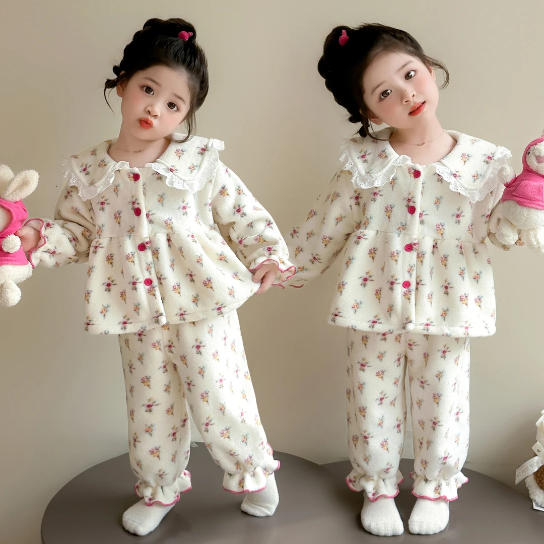 女童睡衣秋冬季珊瑚绒小女孩翻领花边套装法兰绒碎花儿童家居服冬