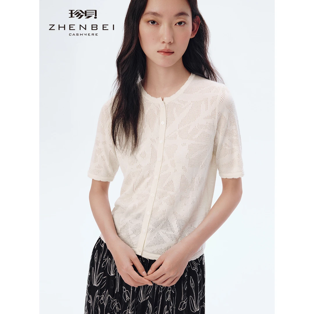 ZB/珍贝新款真*羊绒开衫圆领短袖镂空纯色针织上衣女薄通勤36810