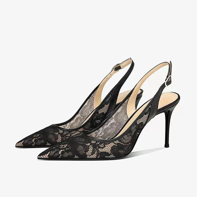 黑色蕾丝包头后绊带凉鞋女夏季2025年新款细跟尖头性感气质高跟鞋