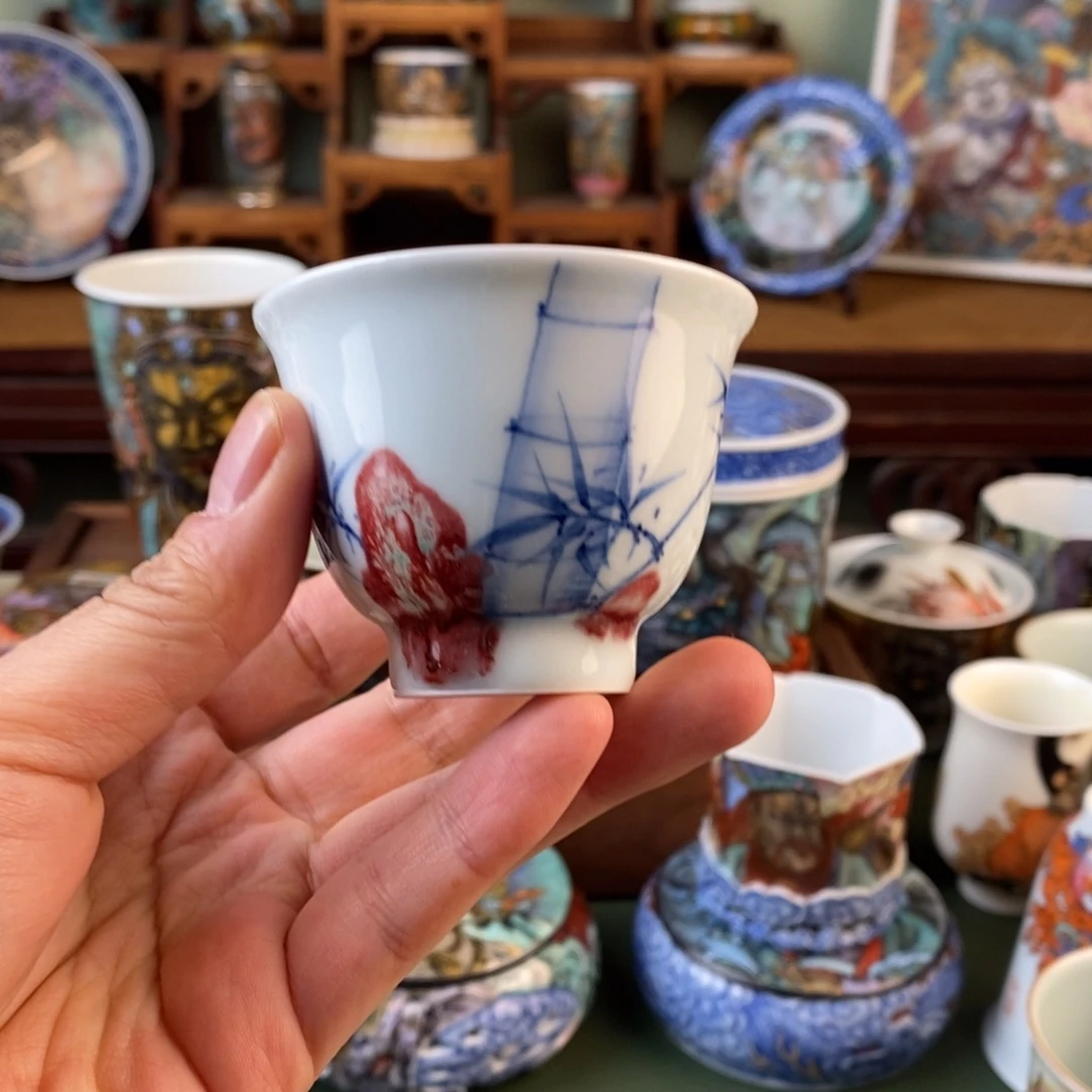 手工手绘釉里红竹子杯杯