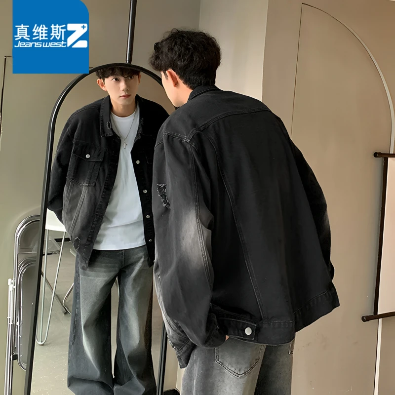 真维斯Zcleanfit黑色破洞牛仔外套男春秋季休闲百搭复古工装夹克