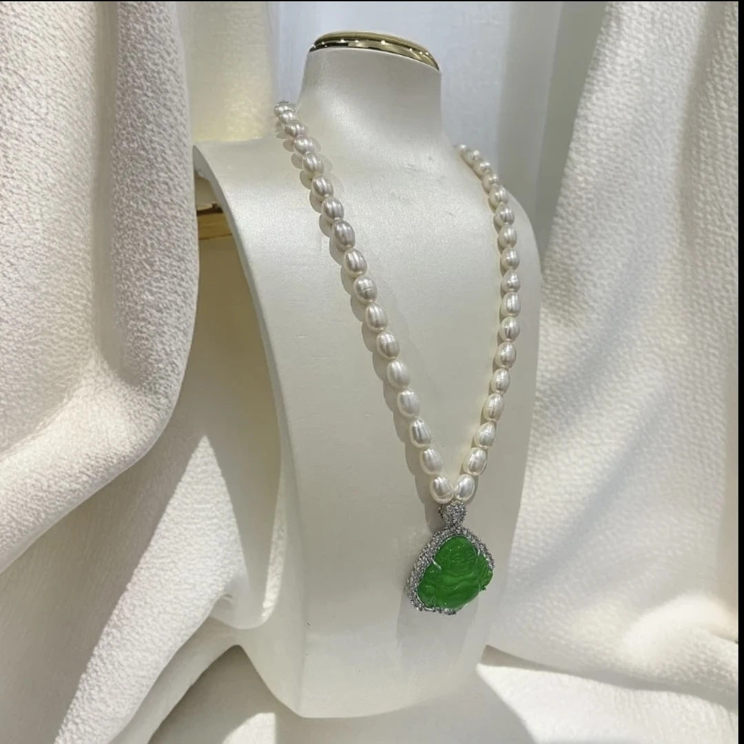 链子925银合成锆石 满绿佛公吊坠7--8mm米珠古典中式风气质款