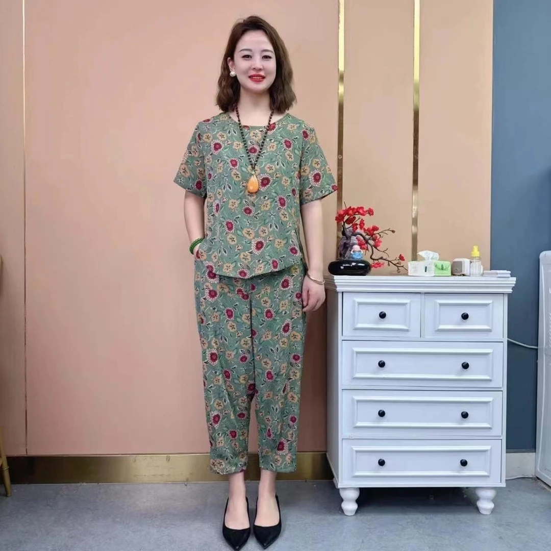 新款中老年妈妈装夏季亲肤透气印花短袖套装女时尚宽松显瘦两件套