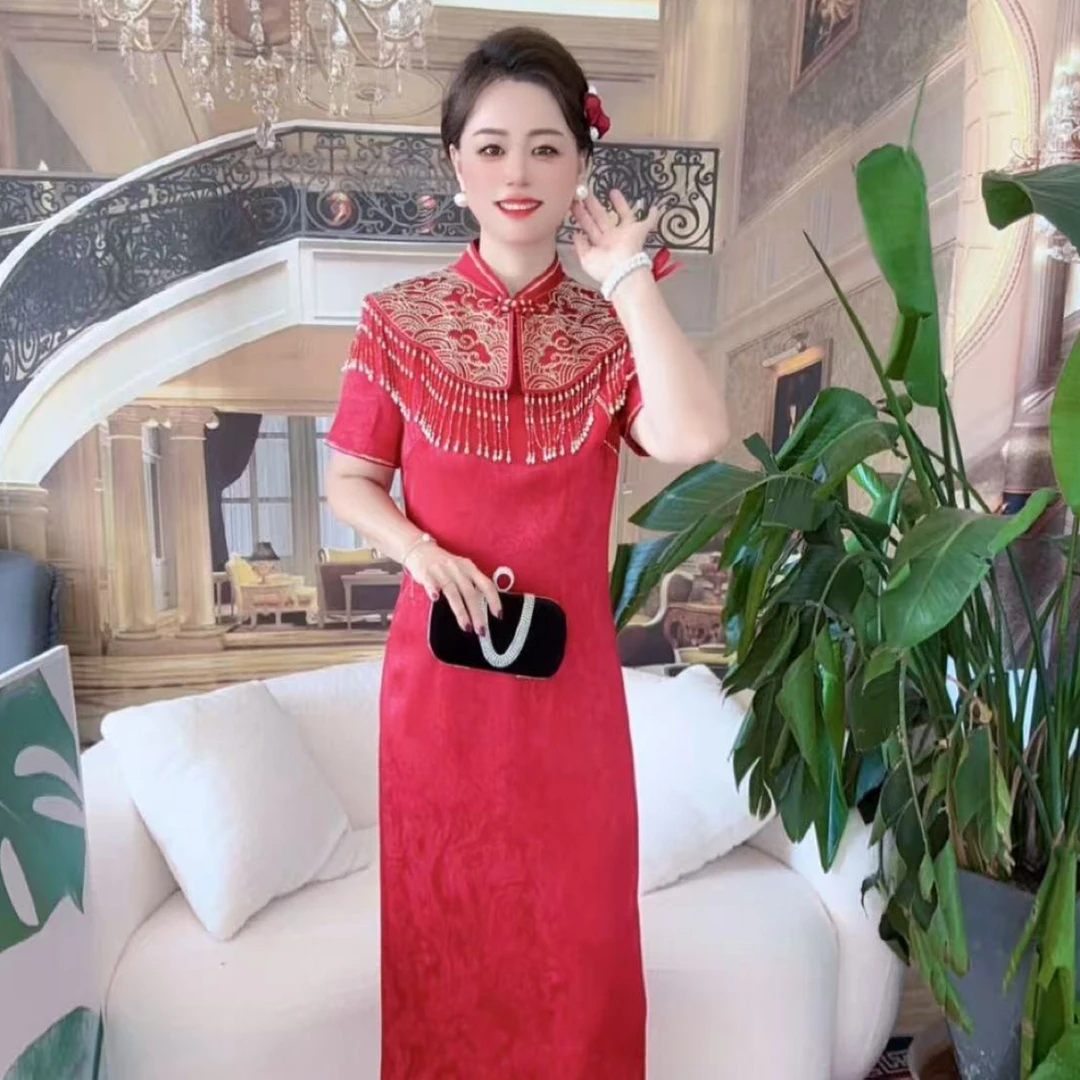 喜婆婆喜妈妈醋酸提花流苏礼服