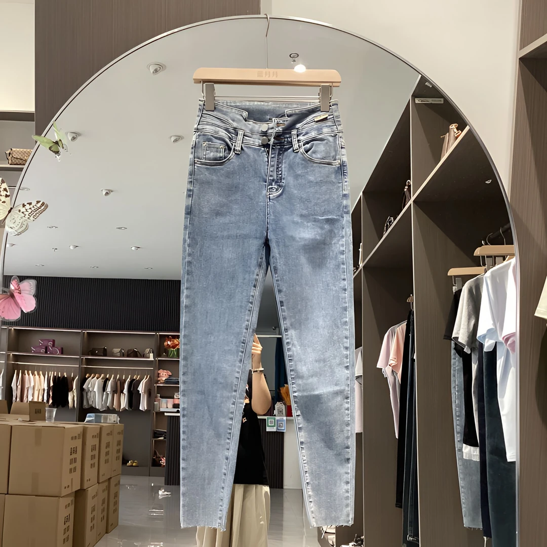B1-4 【80026-1】浅蓝色两粒扣高腰弹力紧身牛仔裤女百搭修身浅色