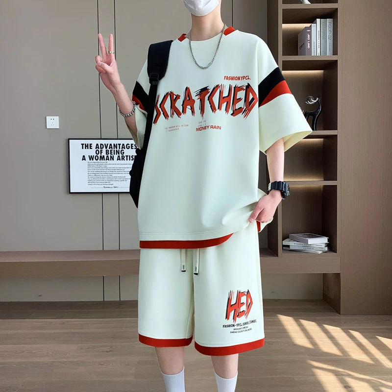 2025夏季新款青少年短袖T恤套装男生潮流宽松学生运动休闲两件套