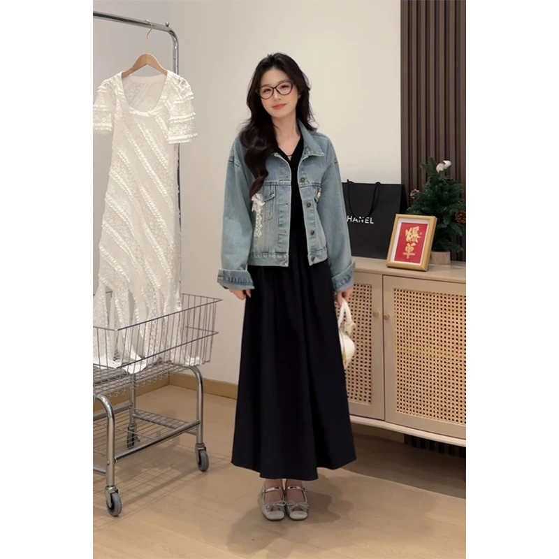 2025春季新款韩版宽松中长款蕾丝花朵设计复古牛仔外套上衣女显瘦