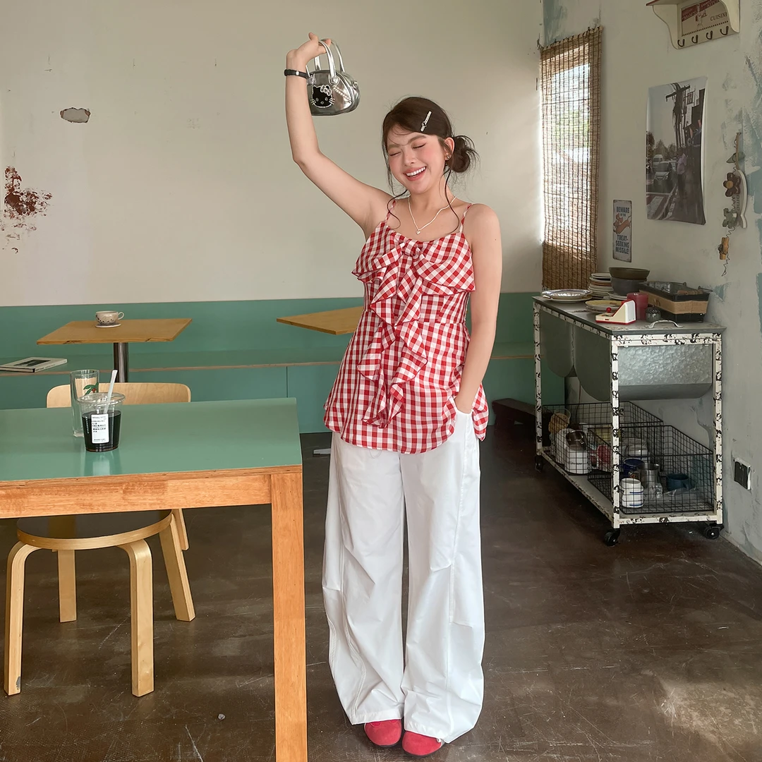 小草宽松定制上衣设计感女小众夏季胖mm外穿格子韩系chic别致吊带