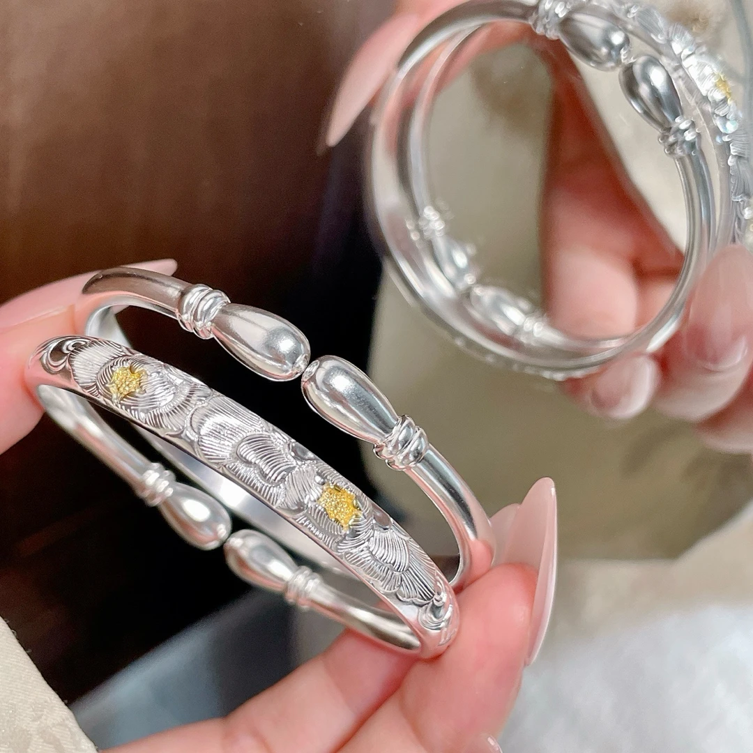 足银手镯 足银999.9  古法分色牡丹花开口手镯约42g实心素款简约