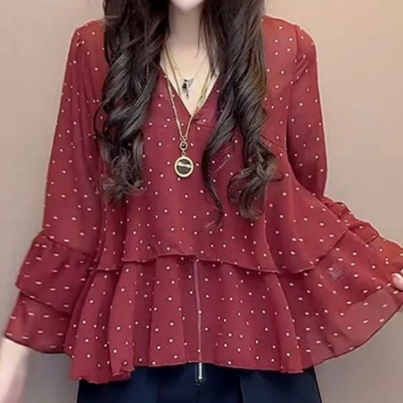 2025春夏百搭新款长袖雪纺衫女宽松显瘦洋气v领小衫气质波点上衣