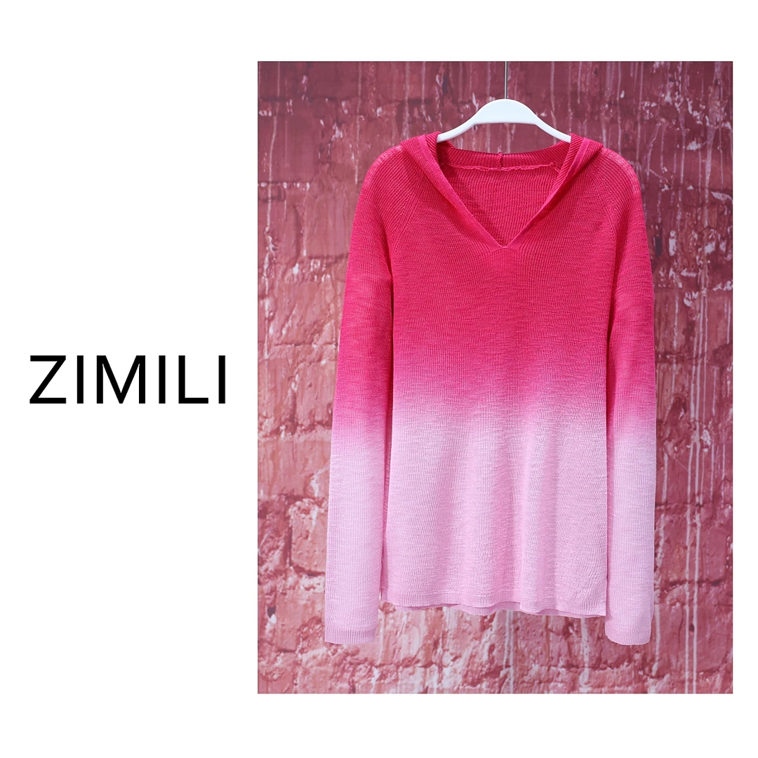 【亮哥女装】2025欧版新品中长款洋红色连帽渐变针织衫6555-E5