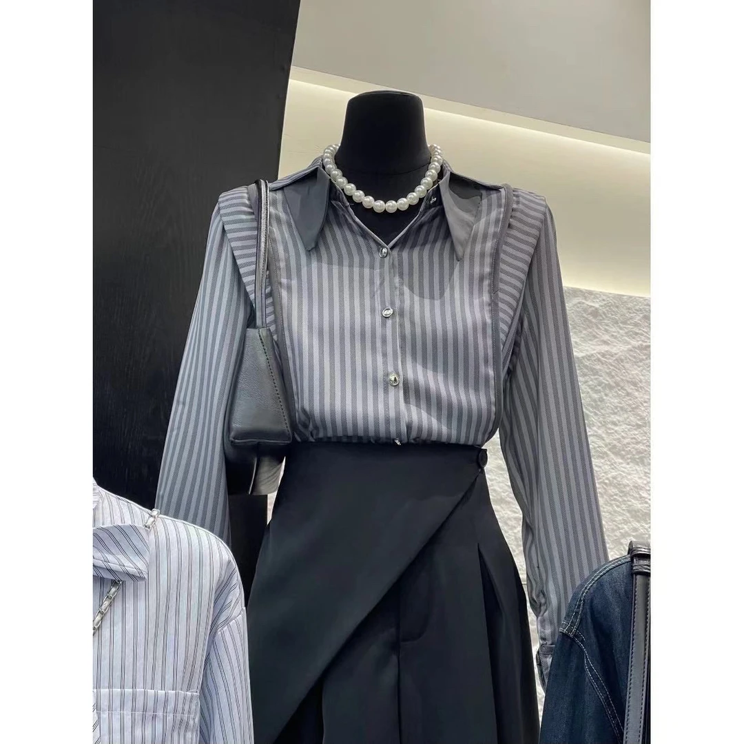 111灰色条纹衬衫2025早秋新款衬衣小众设计感上衣