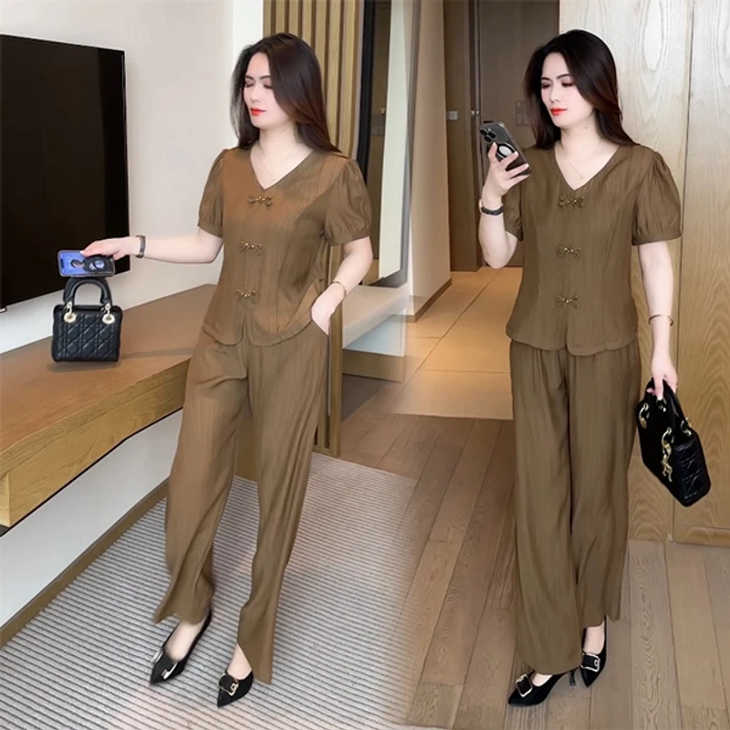 夏季新款新中式盘扣穿搭气质显瘦洋气休闲时尚套装2025宽松减龄