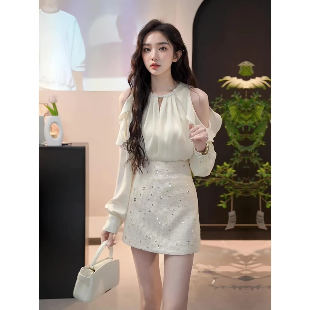 春季女装2025新款高级感圆领钉珠露肩长袖衬衫亮片半身裙两件套装