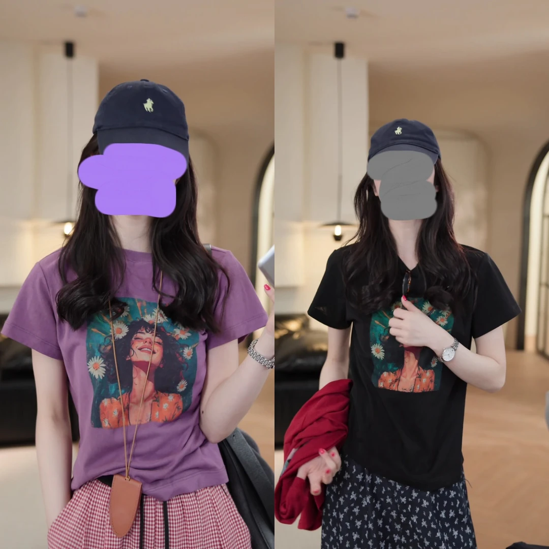 "快乐女孩"休闲百搭显瘦夏季修身气质短袖上衣时尚复古减龄印花