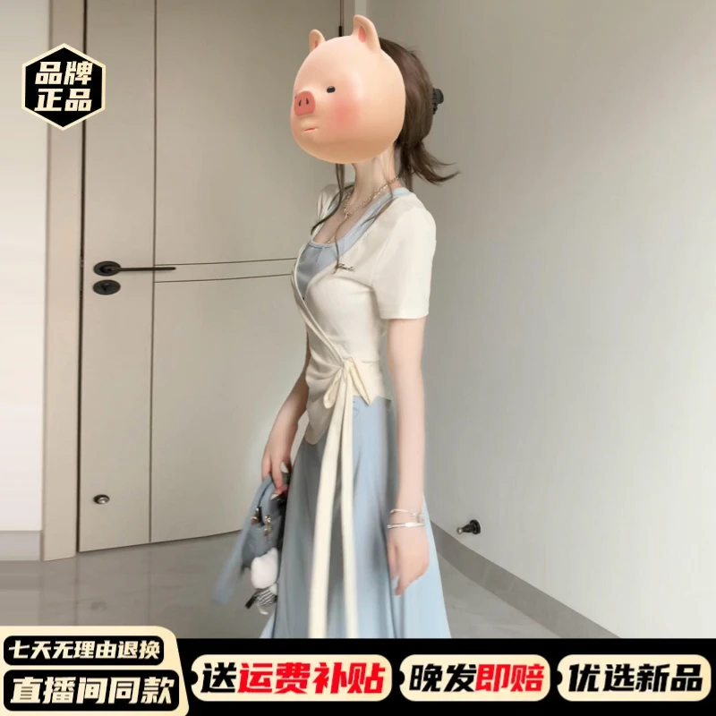 度假蓝色挂脖吊带连衣裙女2025新款夏日纯欲慵懒风收腰小裙子4738