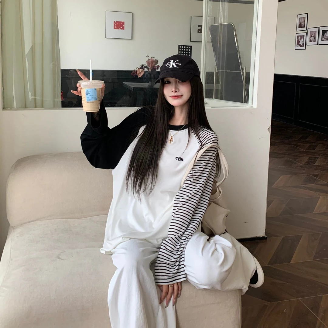 3MER 松弛感纸片人撞色条纹长袖T恤女宽松显瘦罩衫上衣春