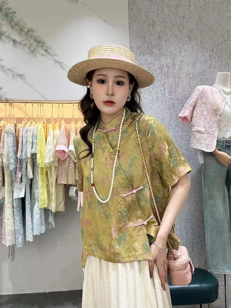 欧洲站 2025夏季新款复古新中式女装盘扣高端欧货上衣女短款小衫