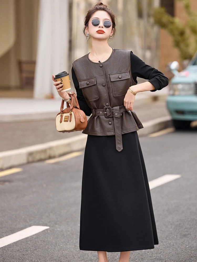 轻熟风连衣裙套装女2025秋新款时尚洋气系带PU皮马甲打底裙两件套