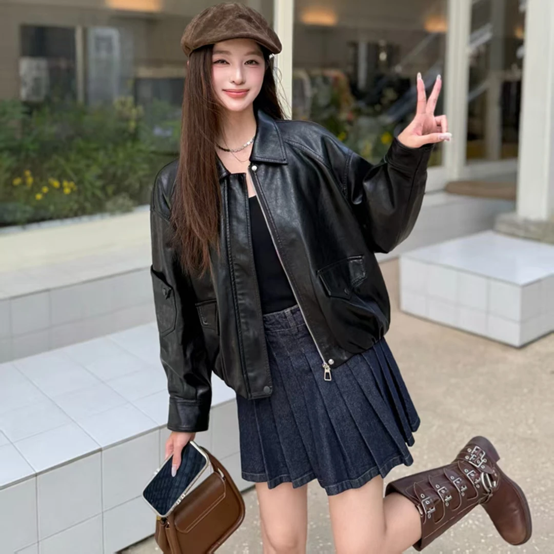 黑色甜酷减龄气质皮衣外套女2025秋冬新款小个子港风复古风机车服