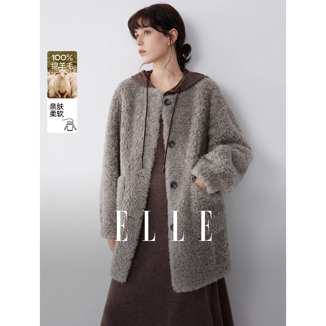 【100%绵羊毛】ELLE高级感针织毛绒外套女2025冬季新款上衣EF53026