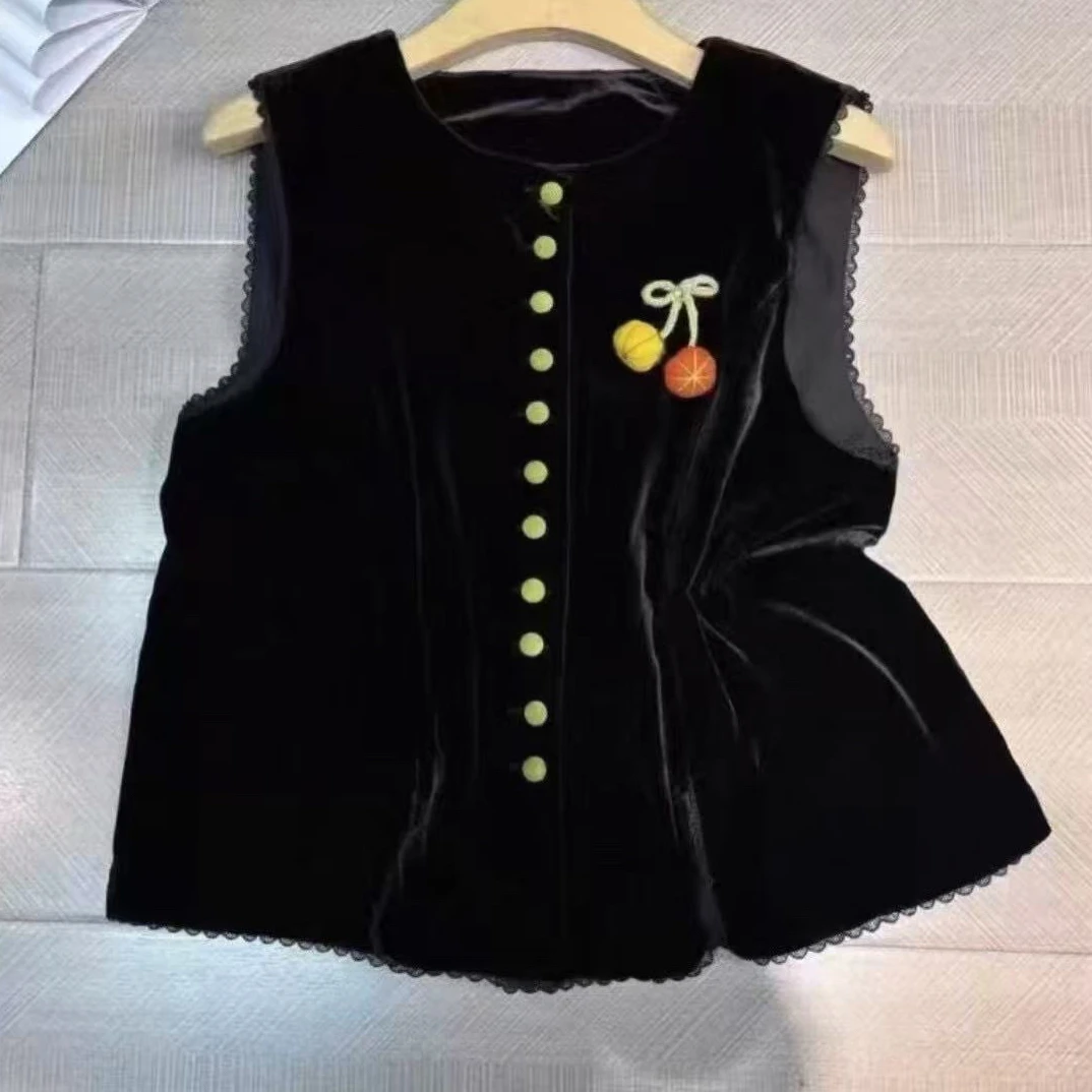 服装马夹植物花卉秋季气质短款圆领女款荷叶边马甲