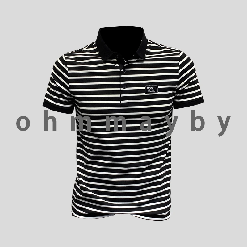 ohmmayby夏季美式男士翻领短袖T恤商务休闲半袖POLO衫男青年条纹