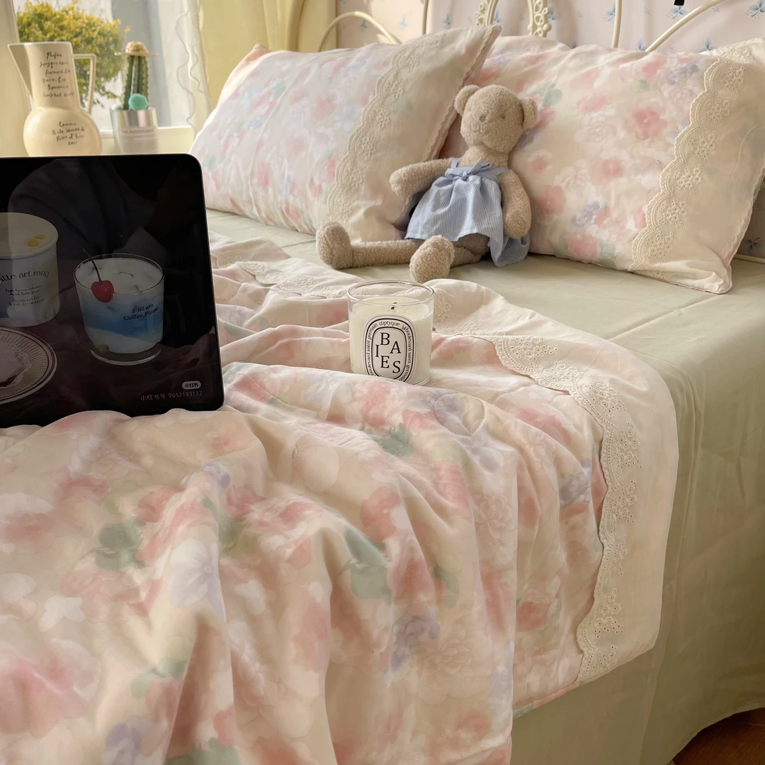 【童话里】全棉有氧双层纱夏凉被蕾丝贴边母婴A类水洗空调被单双人